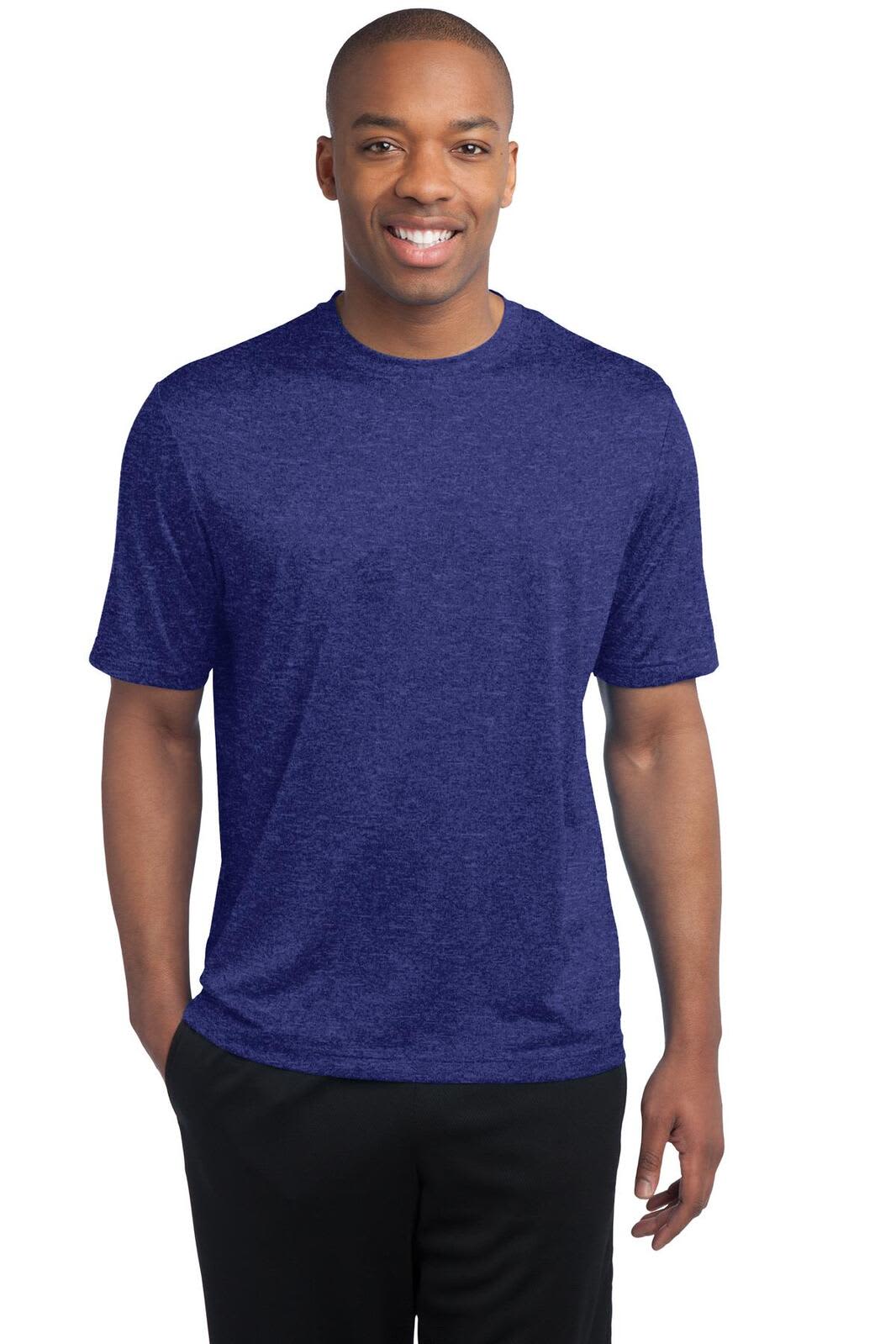 A man wearing a short-sleeve, heathered blue Sport-Tek Contender Tee, featuring a subtle logo.