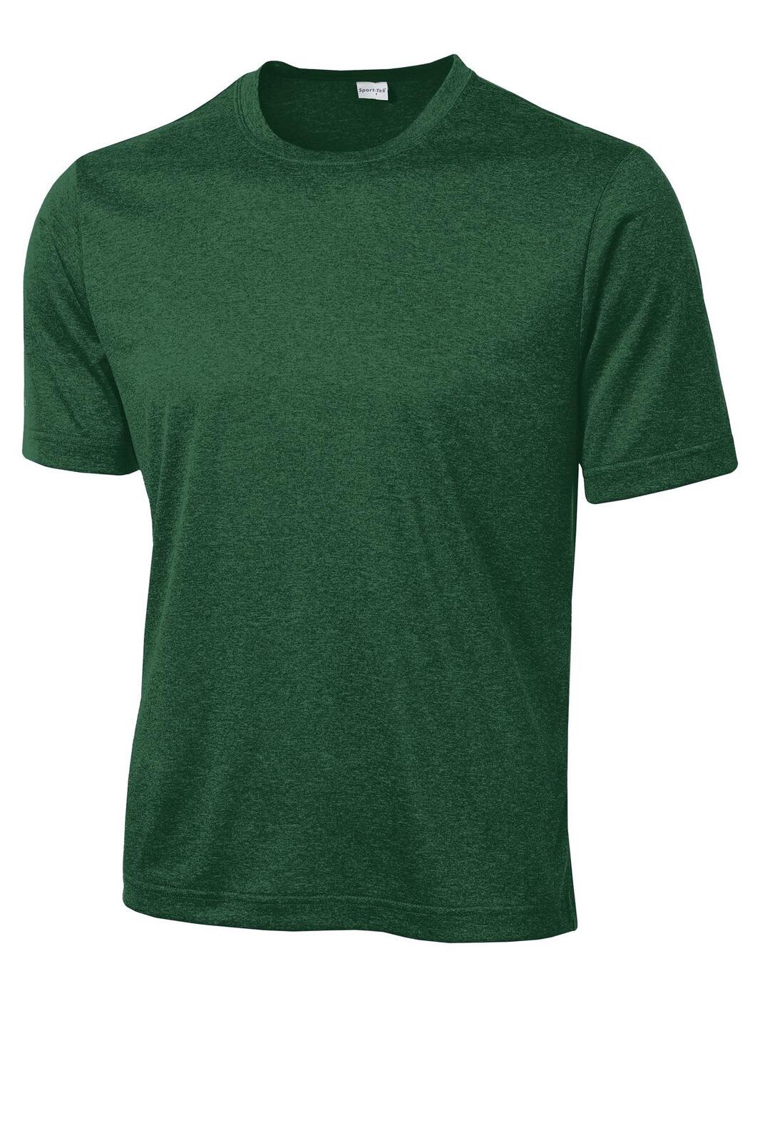 A green heather T-shirt with a crew neckline and short sleeves, featuring a logo.