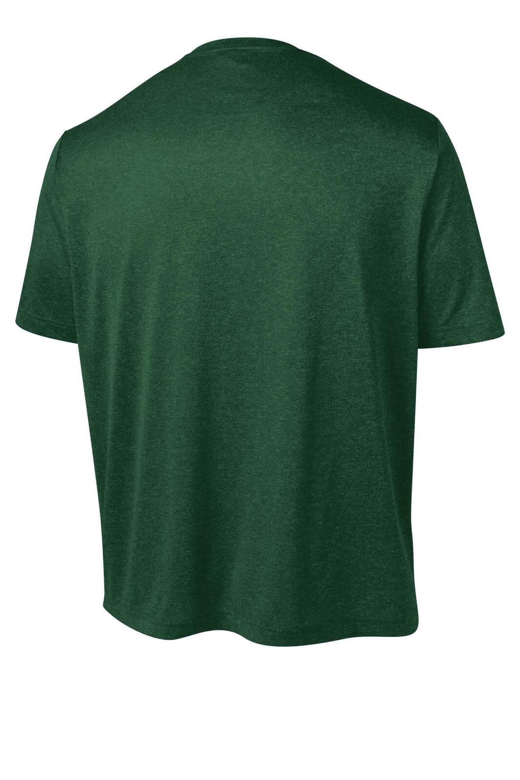 A green heathered t-shirt with a relaxed fit, featuring a branding logo on the back.