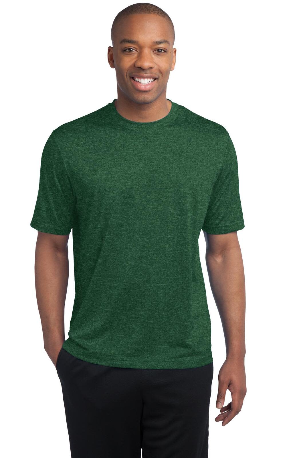 A green heather T-shirt featuring a crew neck and short sleeves, with a logo on the left side.