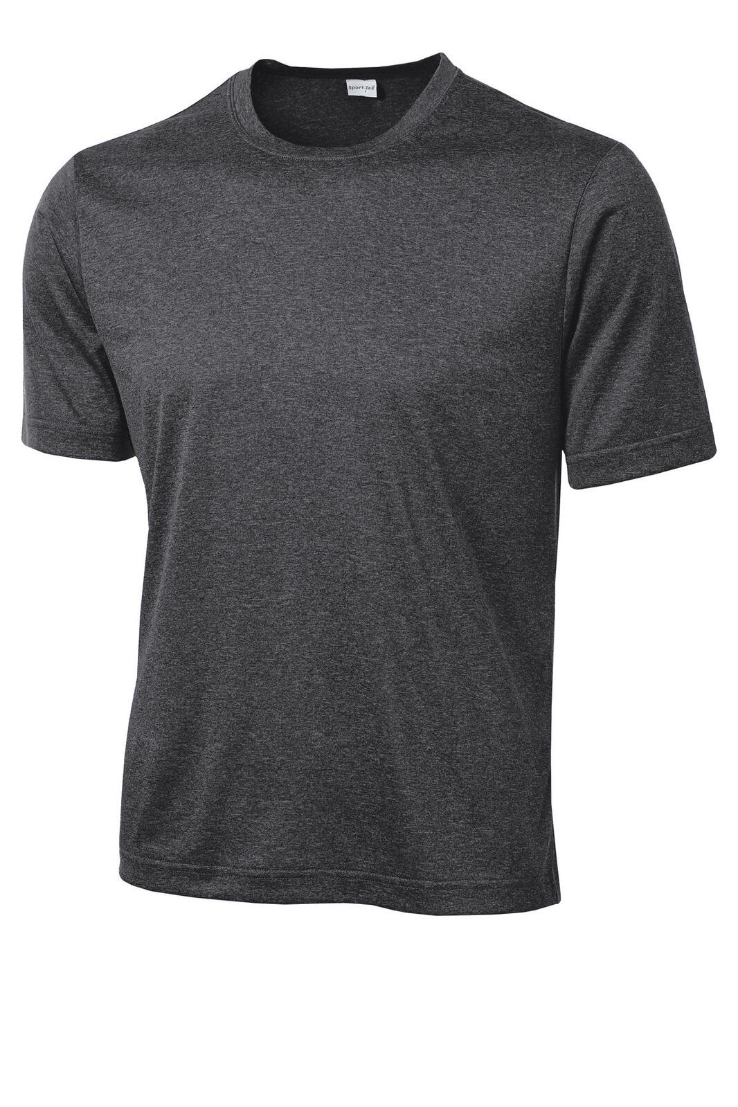A grey short-sleeve t-shirt with a round neckline and a logo on the side.