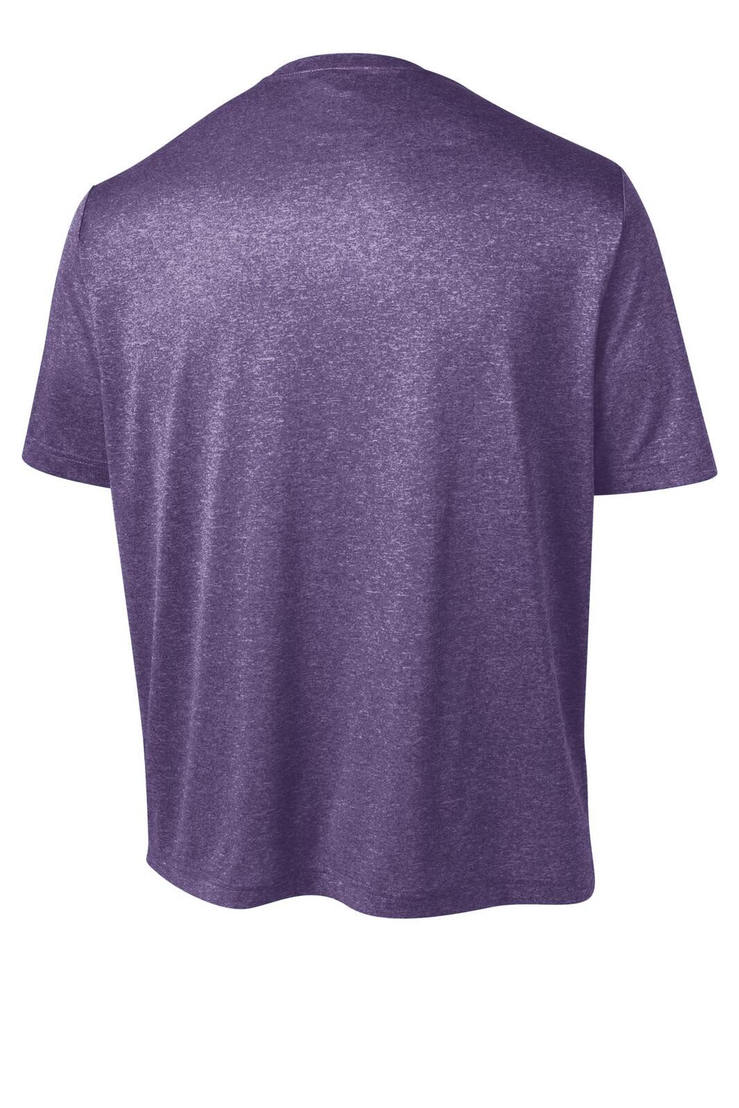 A purple heather t-shirt with a crew neck and short sleeves, featuring a plain back and a brand logo.