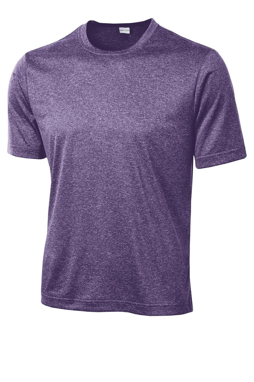 A purple heather t-shirt with short sleeves and a crew neck, featuring a logo on the label.