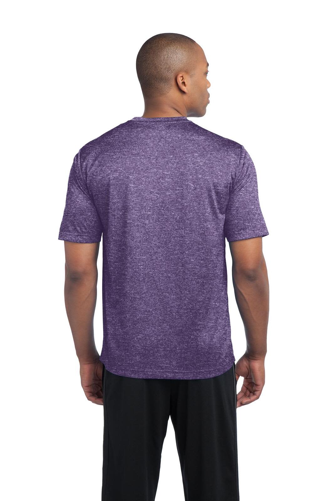 A purple heather t-shirt with short sleeves, featuring a logo on the back, worn by a man facing away.