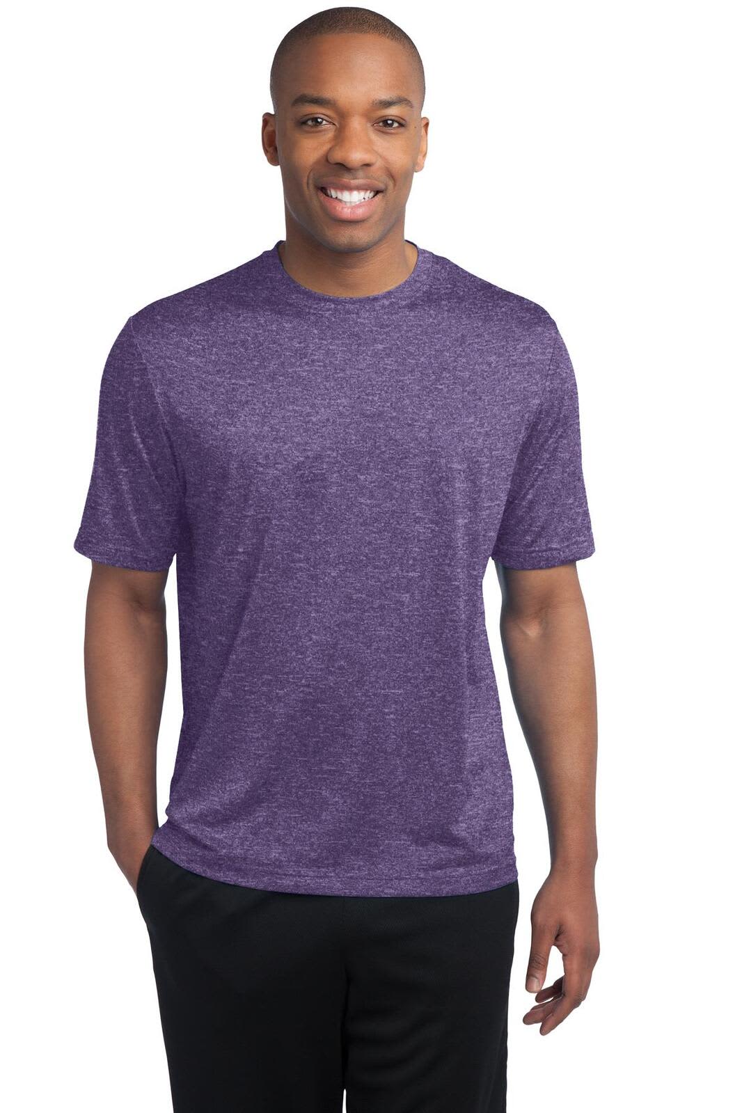 A man wearing a purple Sport-Tek Heather Contender Tee, smiling, standing against a white background.