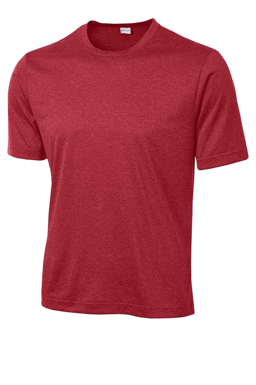 A red heather t-shirt featuring a crew neckline and short sleeves, with a logo on it.
