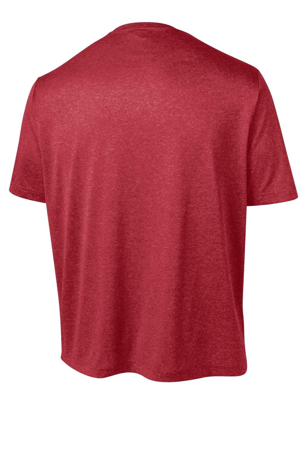 A red heather T-shirt with a relaxed fit, featuring a logo on the back. Suitable for casual wear.