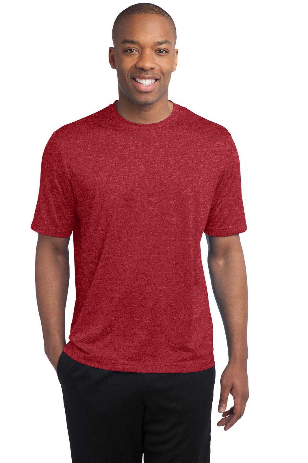 A red heather T-shirt with short sleeves, featuring a logo on the front.