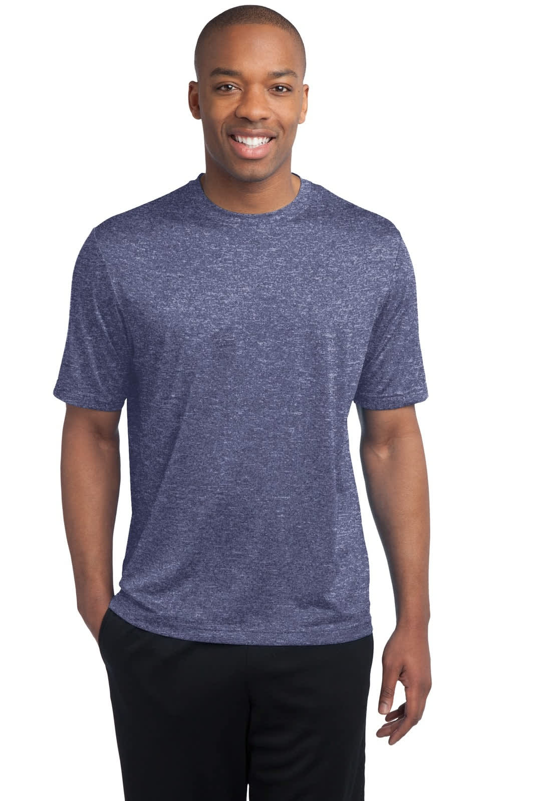 A man wearing a blue heather Sport-Tek Heather Contender Tee, standing and smiling against a white background.