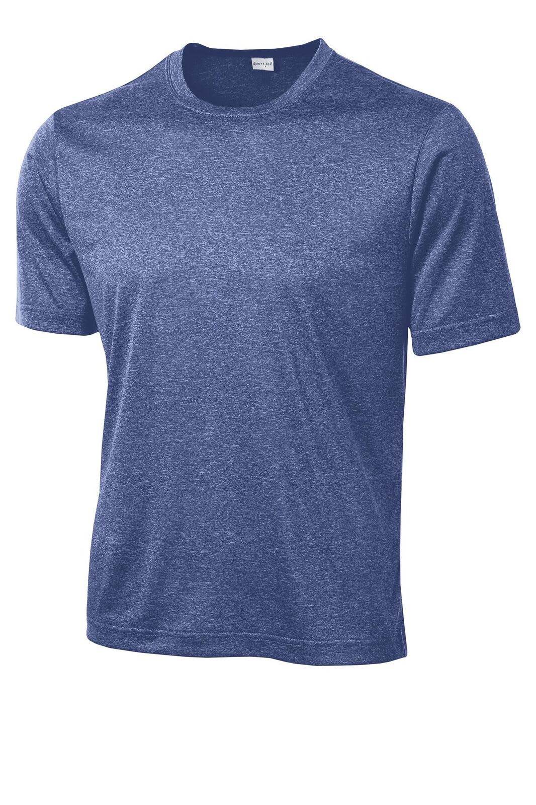 A blue heather T-shirt with short sleeves and a crew neckline, featuring a logo.