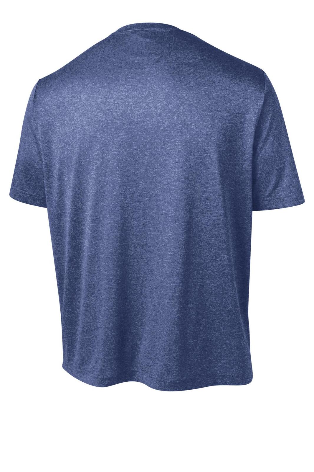 A blue heather t-shirt with a round neckline and short sleeves, featuring a logo on the back.