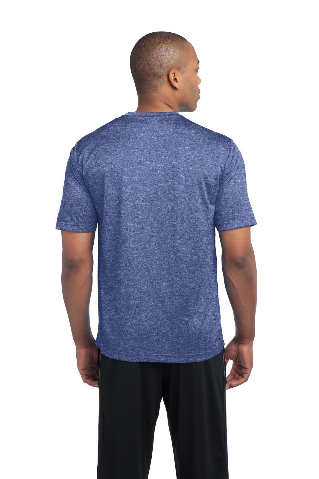 A man wearing a blue heather t-shirt, viewed from the back, with short sleeves and a simple design.
