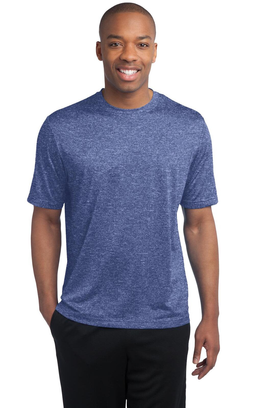 A man wearing a short-sleeved heathered navy T-shirt featuring a logo, paired with black pants.