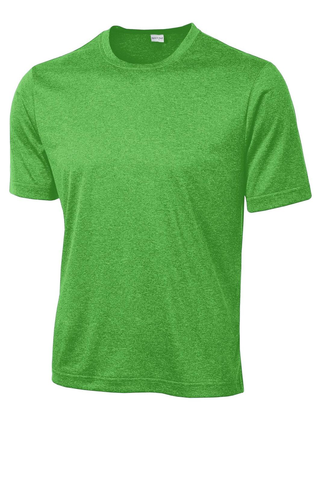 A green heather t-shirt featuring a logo, with short sleeves and a classic fit.