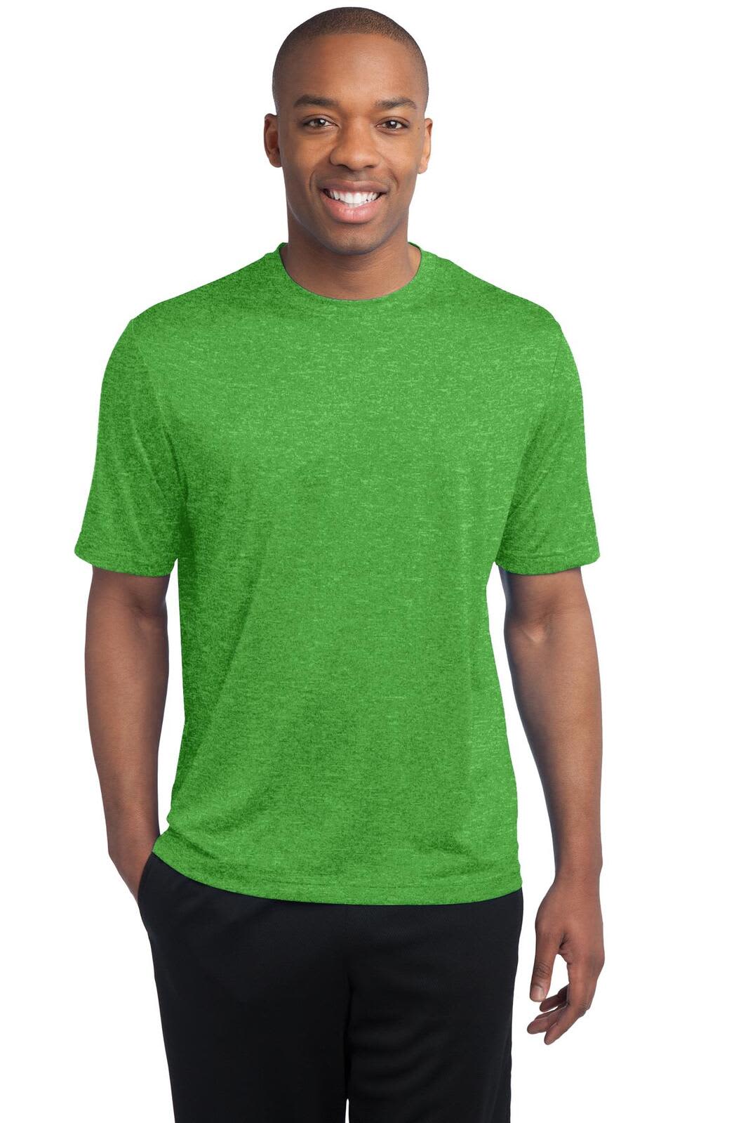 A man wearing a bright green Sport-Tek Heather Contender Tee, standing against a plain background.
