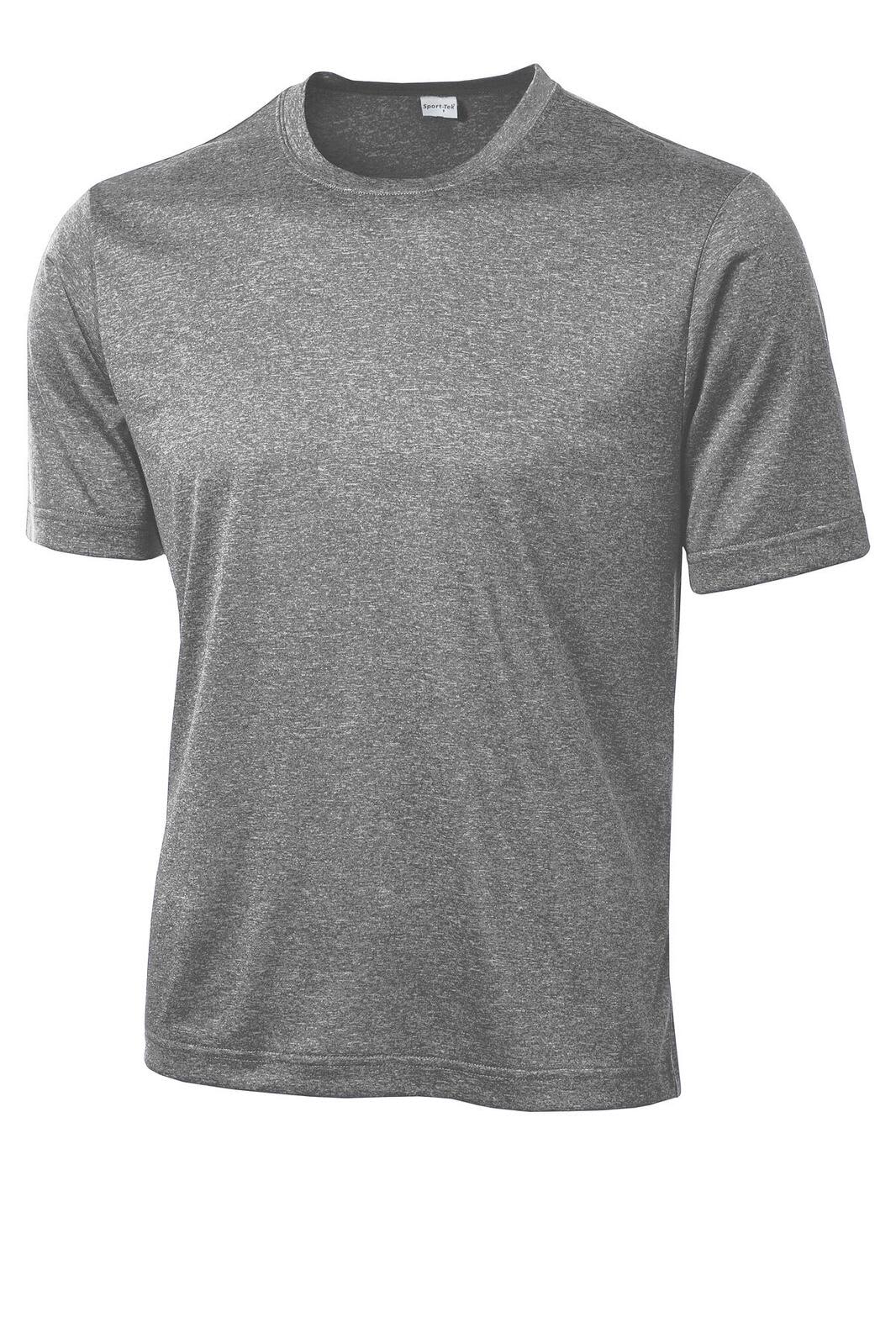 A grey Sport-Tek Heather Contender Tee featuring a round neckline and short sleeves, with branding present.
