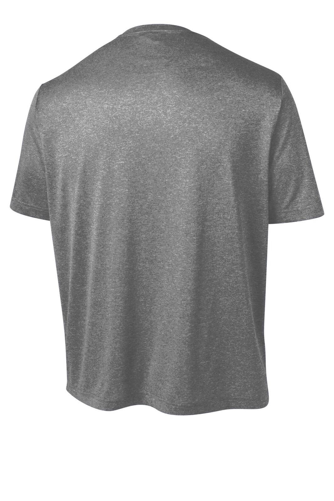 A grey Sport-Tek Heather Contender Tee featuring a simple design and a logo on the back.