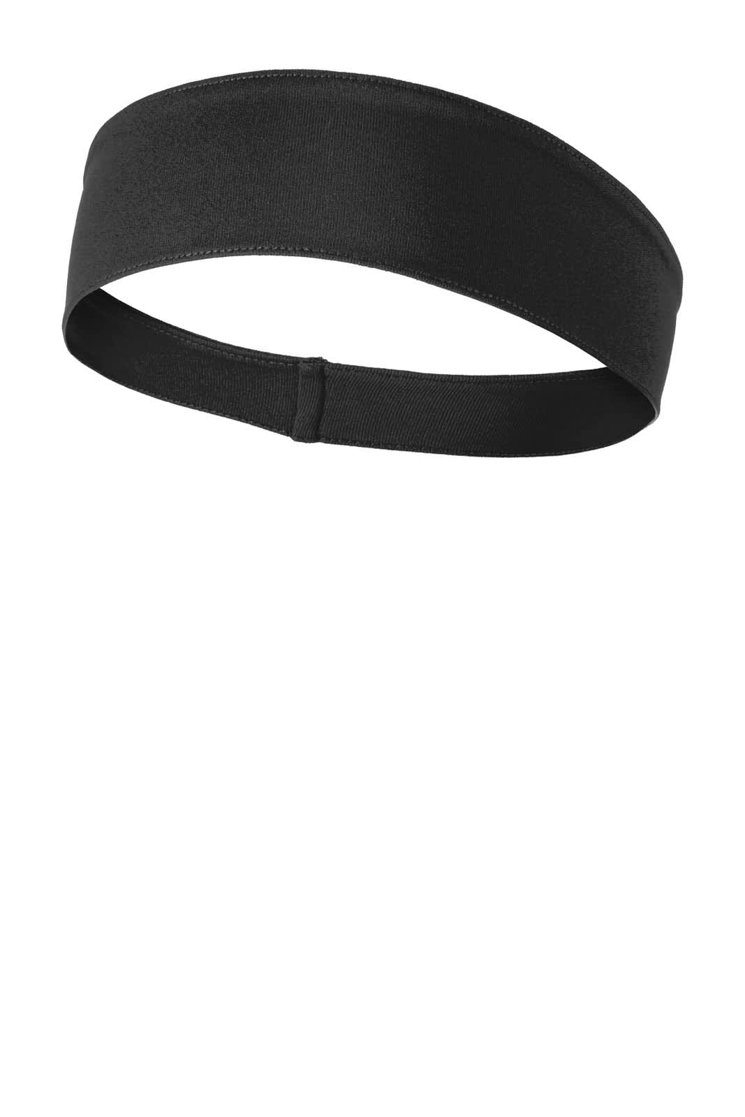 A black Sport-Tek PosiCharge Competitor headband, featuring a smooth, stretchy fabric and a logo.