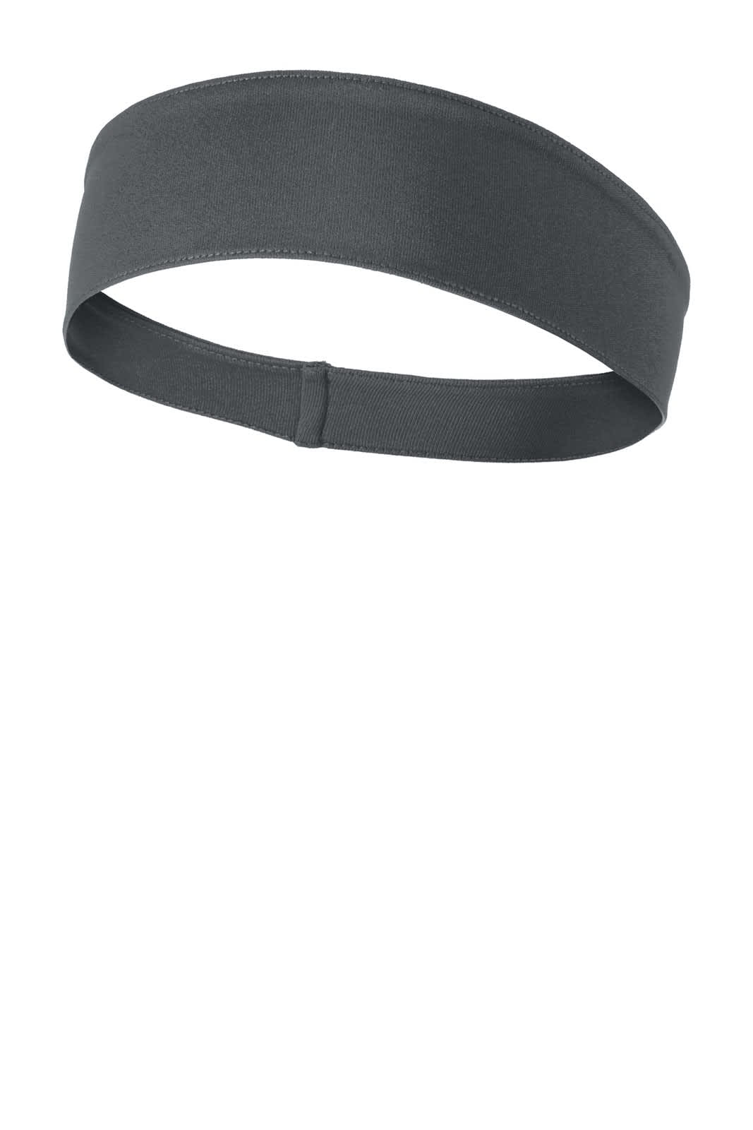 A grey Sport-Tek PosiCharge Competitor headband with a logo, made from a stretchy material.