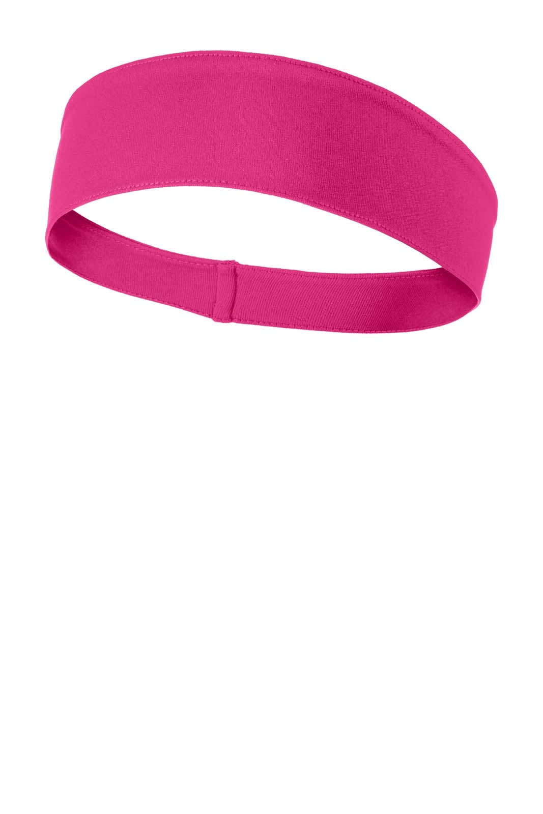 A pink headband made of a stretchy fabric, featuring a simple design and a logo.