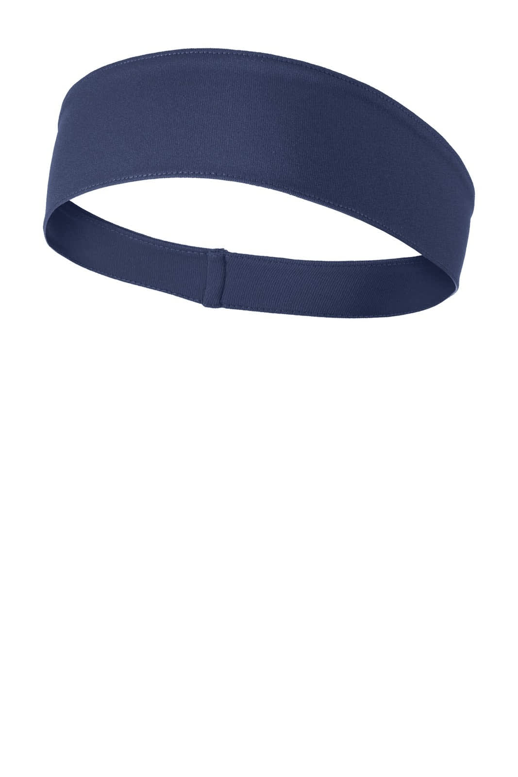 A navy blue Sport-Tek PosiCharge Competitor headband with an elastic band and logo.