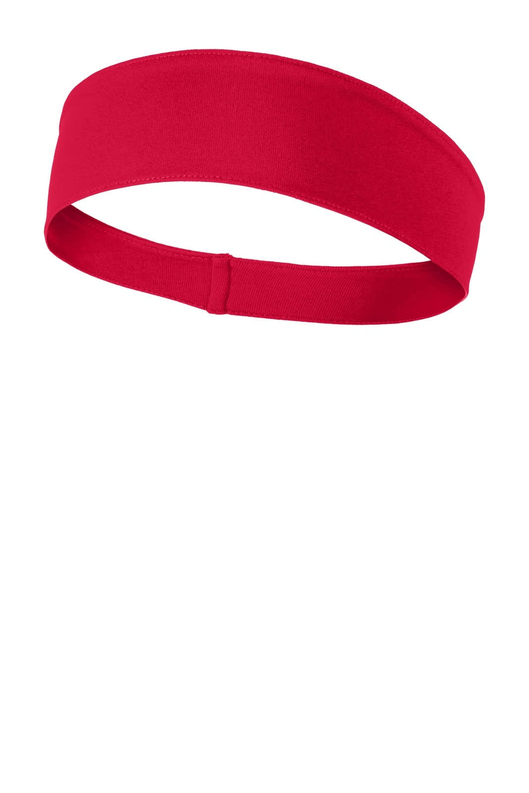 A bright red headband made from soft material, featuring a branding logo.