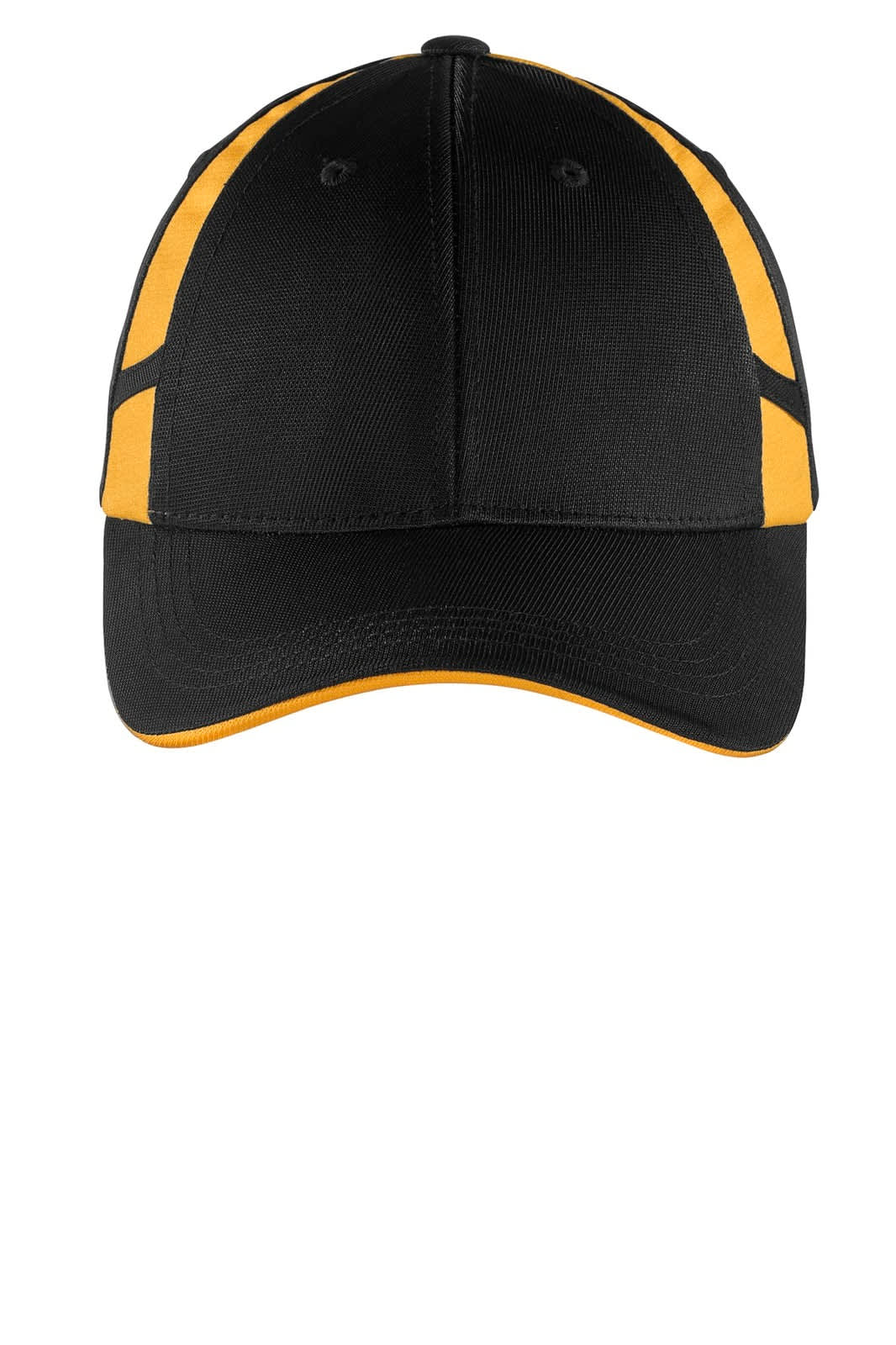 A black cap with yellow mesh inserts, featuring a logo on the front.