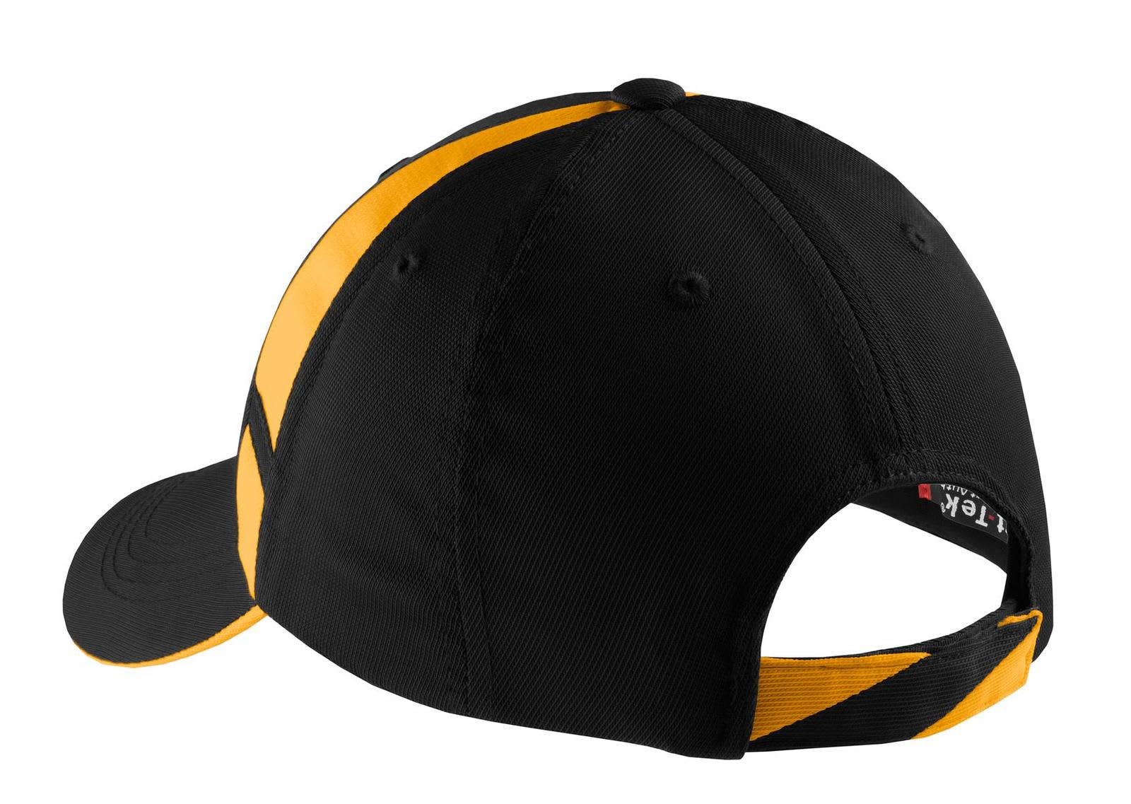 A black and yellow cap with mesh insets, featuring a logo on the back.