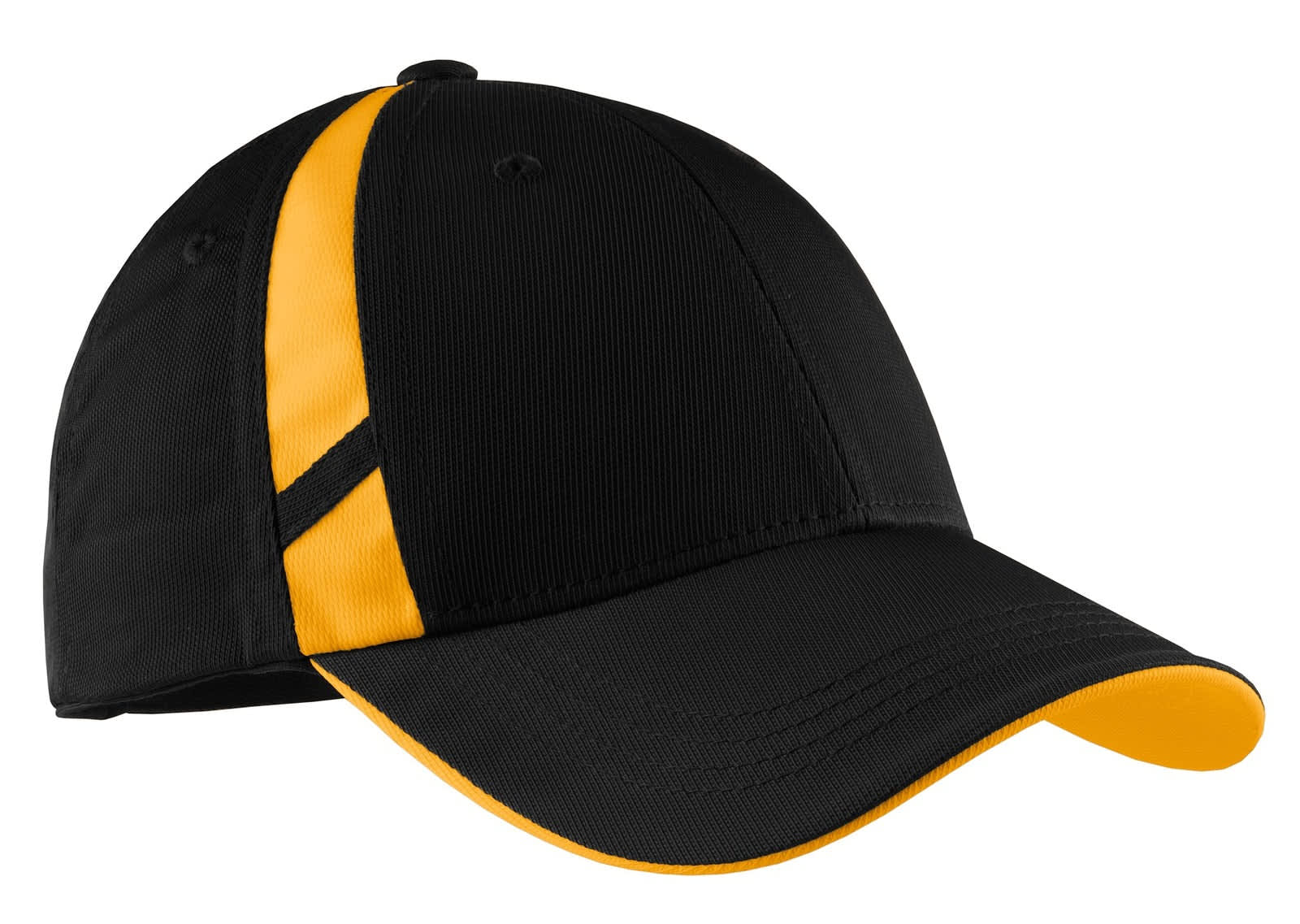 A black cap with yellow mesh side inserts and a yellow brim, featuring a logo on the front.