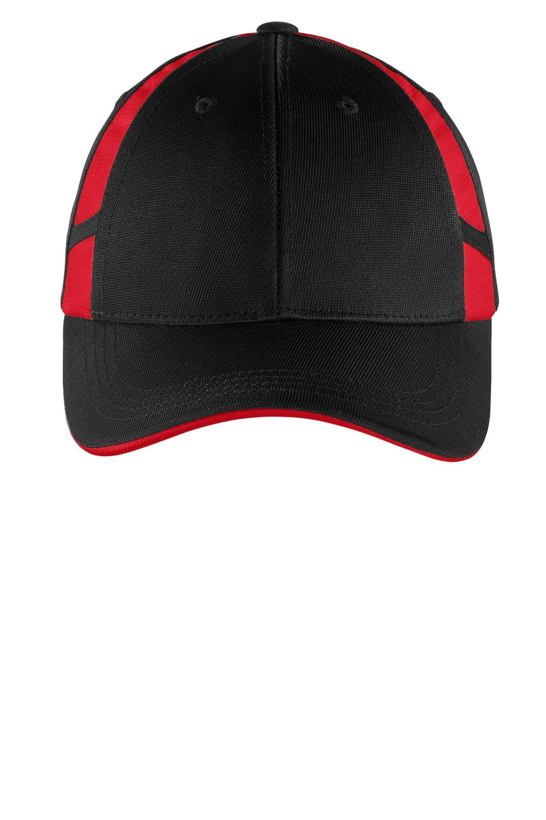 A black cap with red mesh insets and a logo on the front.