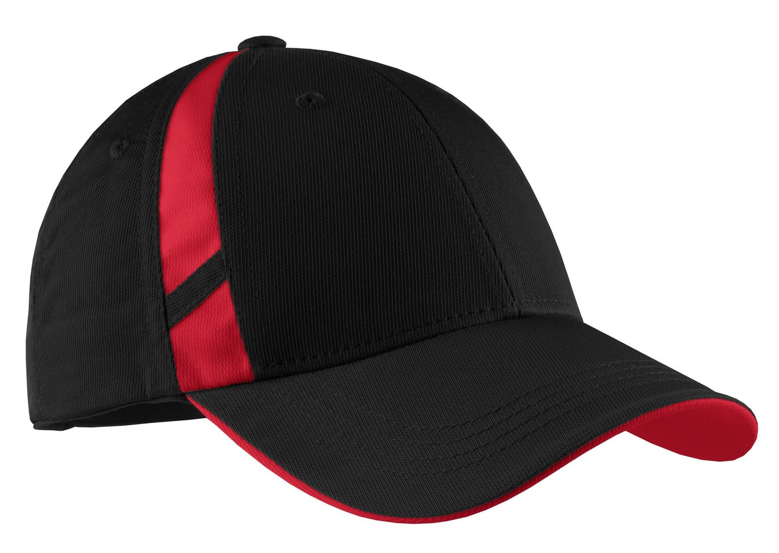 A black cap with red mesh inserts and a curved brim, featuring a logo.