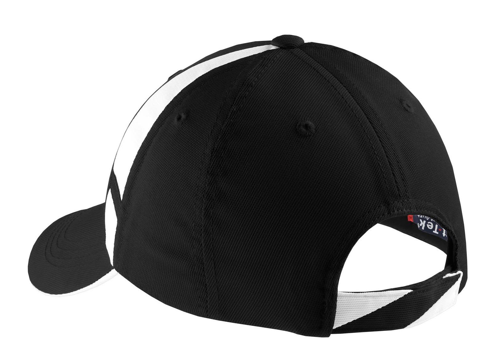 A black cap with mesh inset details, featuring a curved brim and an adjustable back strap.