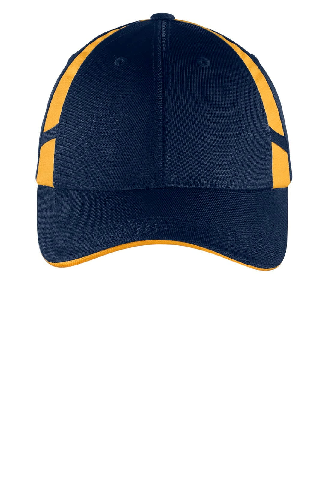A navy cap with yellow mesh accents, featuring a logo on the front, suitable for sporty occasions.