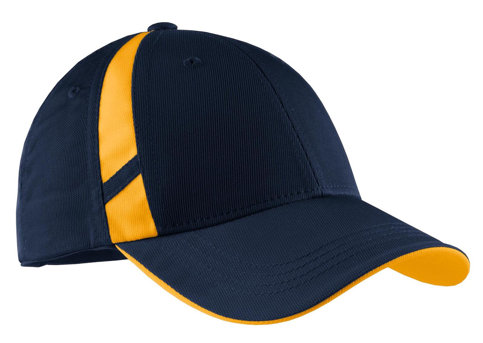 A navy and yellow cap featuring mesh side inserts and a curved brim. Includes a logo on the front.