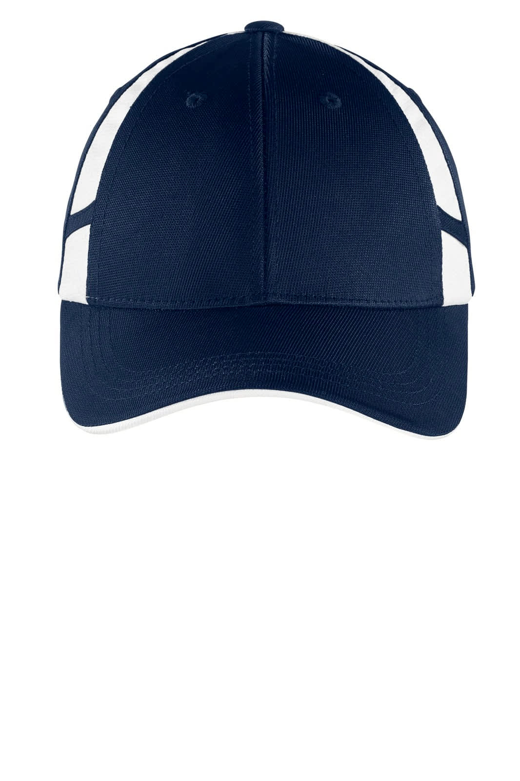 A navy cap with white mesh insets and a curved visor, featuring a logo on the front.