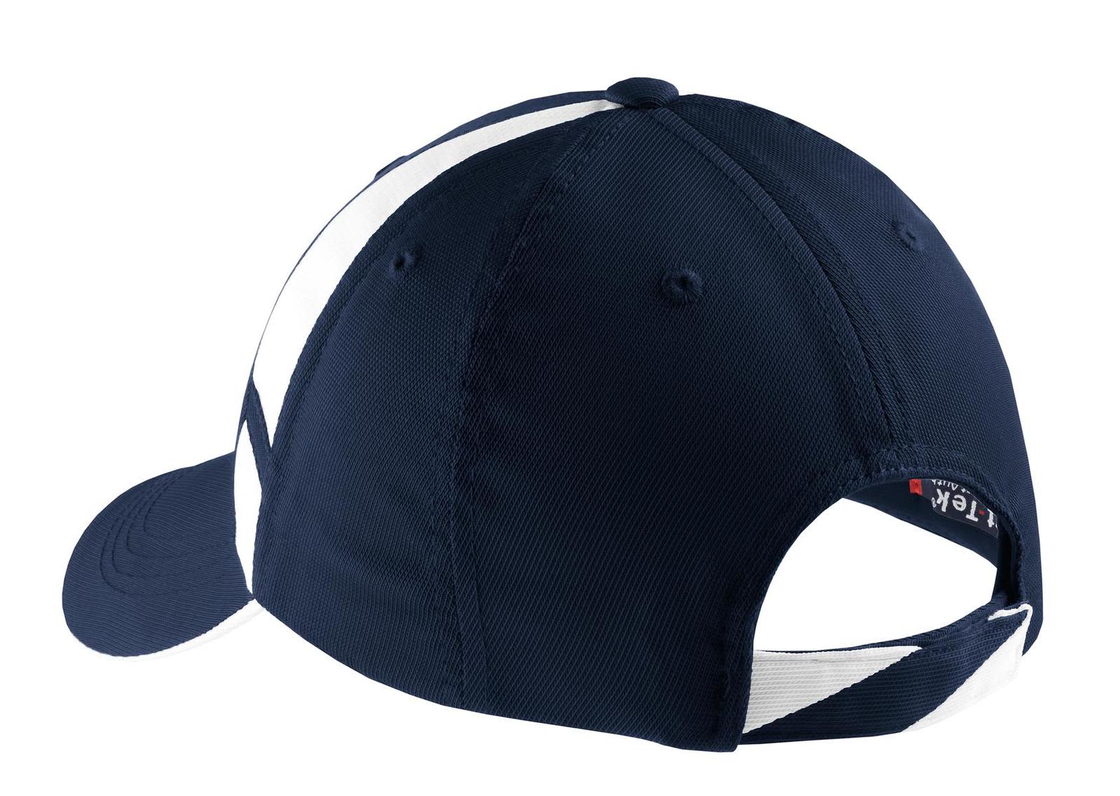 A navy cap with white mesh inset detailing and an adjustable rear strap. The design features a logo on the side.