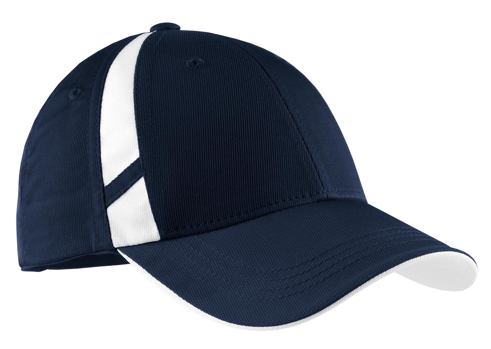A navy cap with a white mesh inset and a curved brim. The cap features a logo on the front.