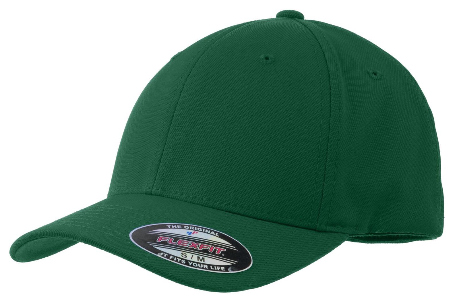 A green Sport-Tek Flexfit Performance Solid Cap, featuring a logo, with a classic curved brim design.