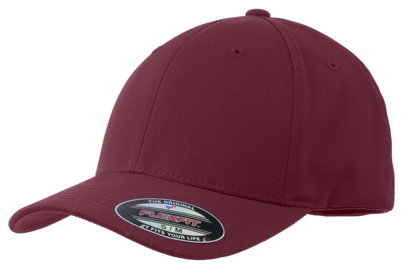 A maroon cap with a curved brim and a fitted design, featuring a brand logo on the side.
