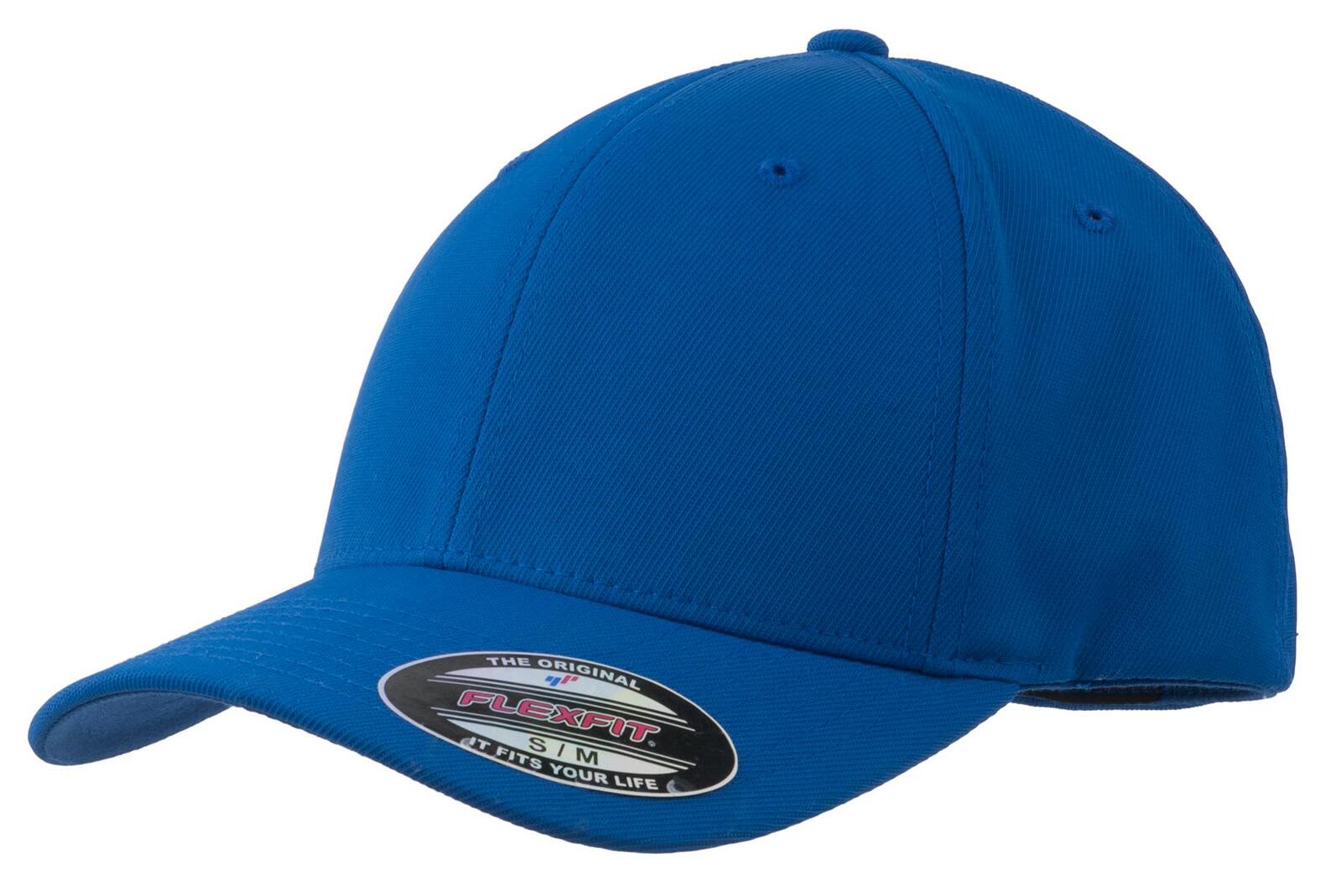 A blue Sport-Tek Flexfit Performance Solid Cap with a branded logo on the front.