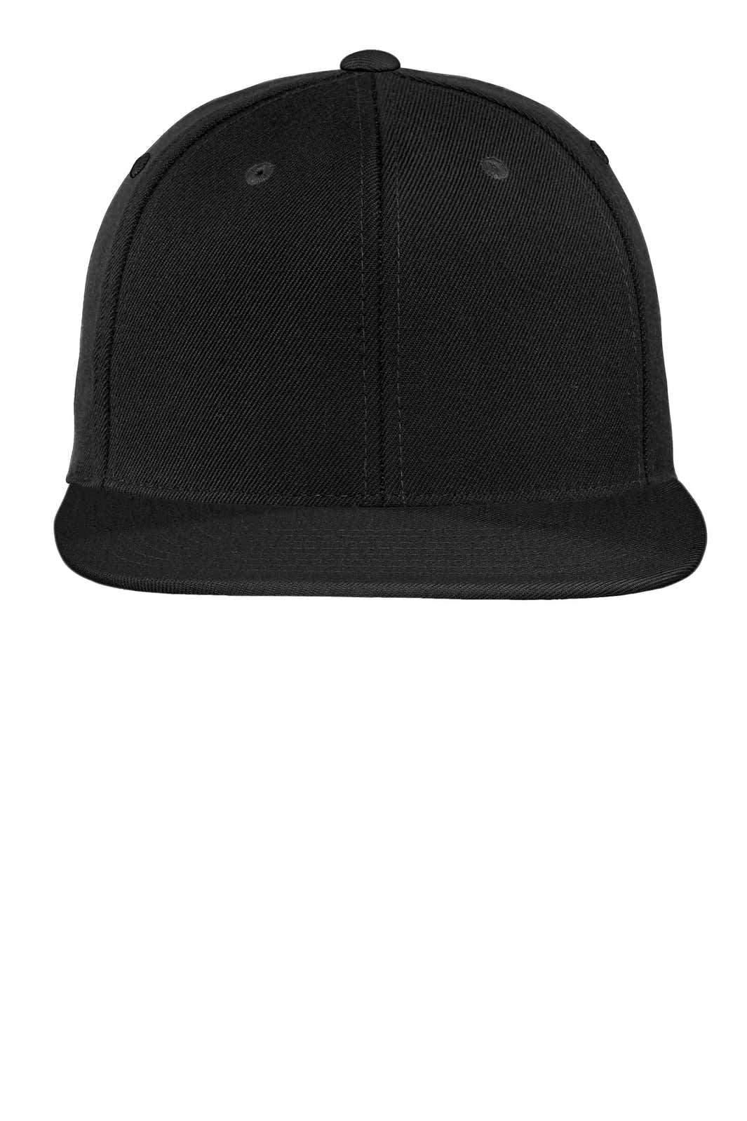 A flat bill snapback cap in black with a logo on the front and ventilation eyelets.