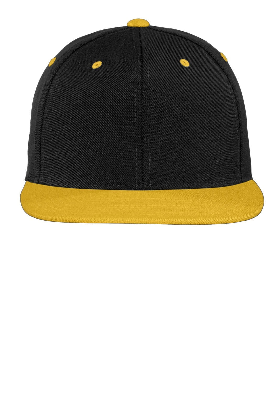 A black cap with a yellow flat bill and yellow accents, featuring a logo on the front.