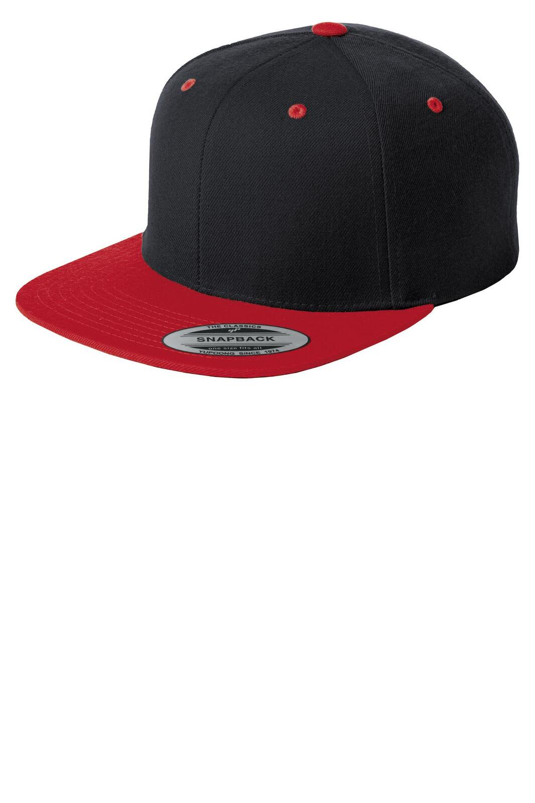 A black and red flat bill snapback cap with a branded label on the side.