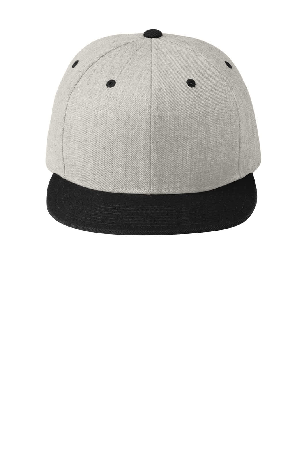 A grey flat bill snapback cap with a black peak and a logo on the front.