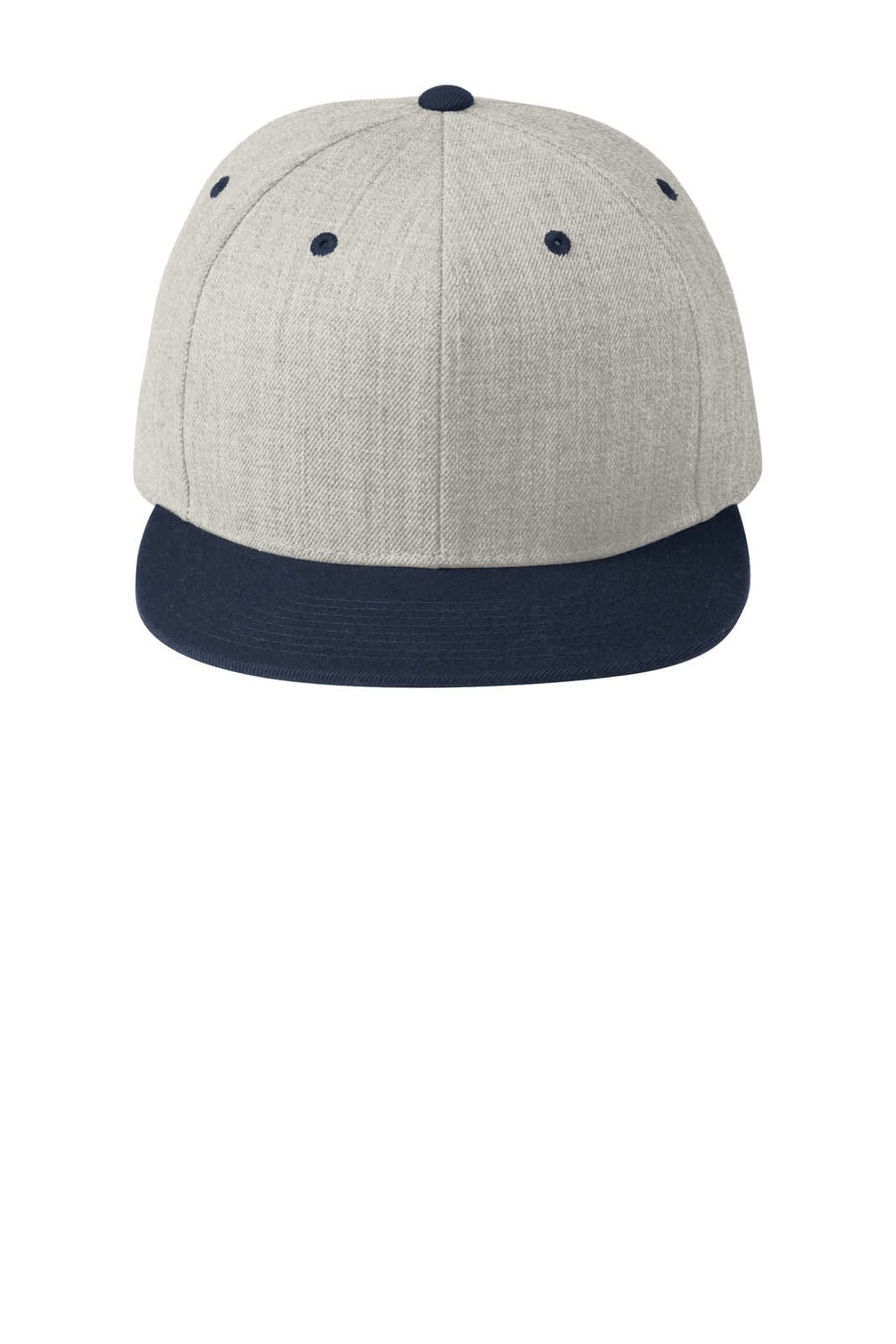 A flat bill snapback cap featuring a light grey crown and a navy blue visor. Includes a logo.