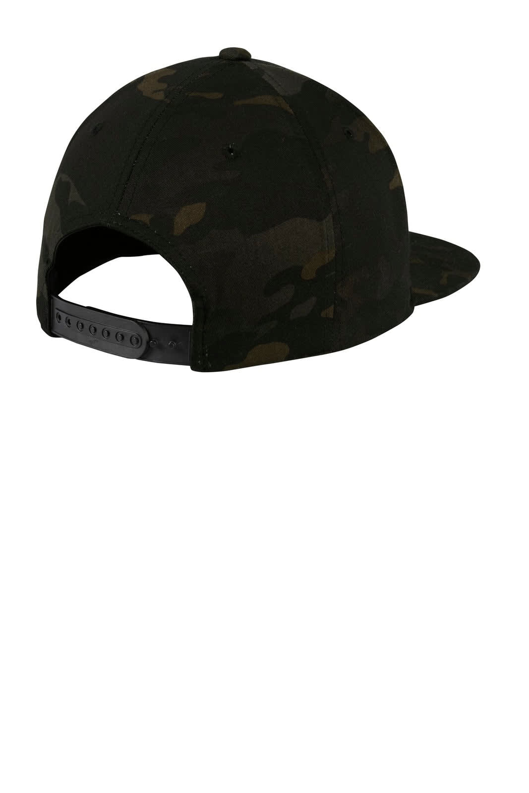 A flat bill snapback cap in a camo pattern, featuring a black adjustable strap and branding.