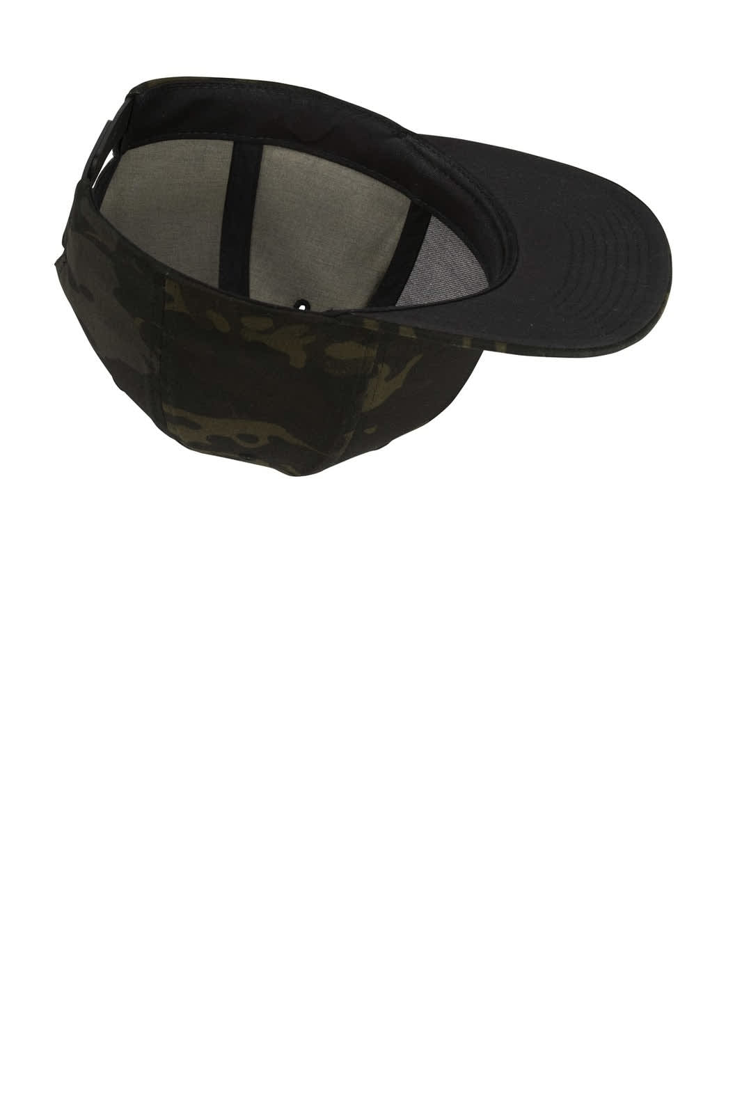 A flat bill snapback cap in camouflage pattern with a black underbill and mesh lining. Features a logo on the front.