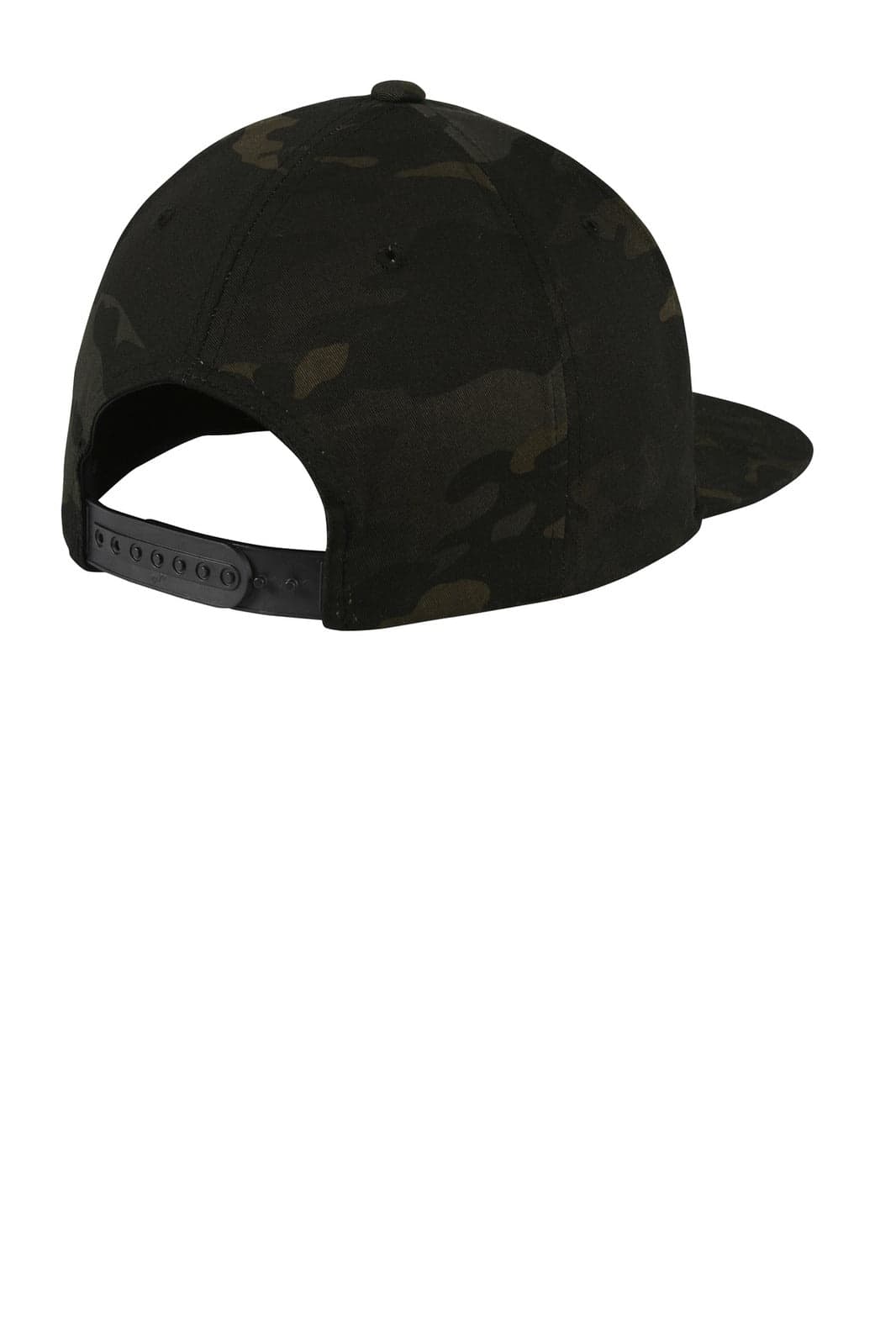 A flat bill snapback cap in black camouflage with a plastic adjustable strap at the back and a logo.