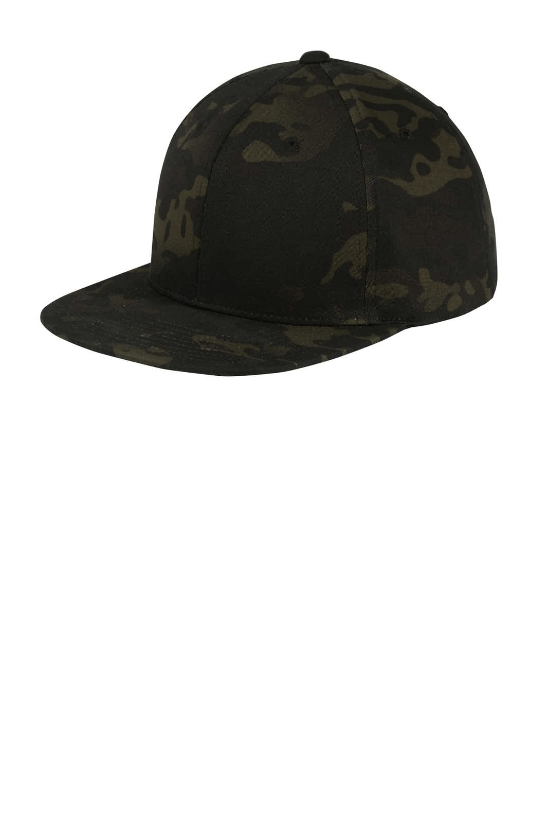 A black and green camouflage snapback cap with a flat bill and a logo on the side.