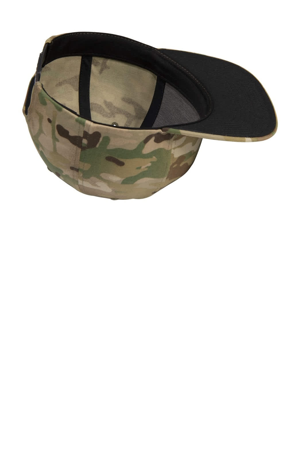 A camouflage flat bill snapback cap with a black peak and an interior featuring a patterned lining.